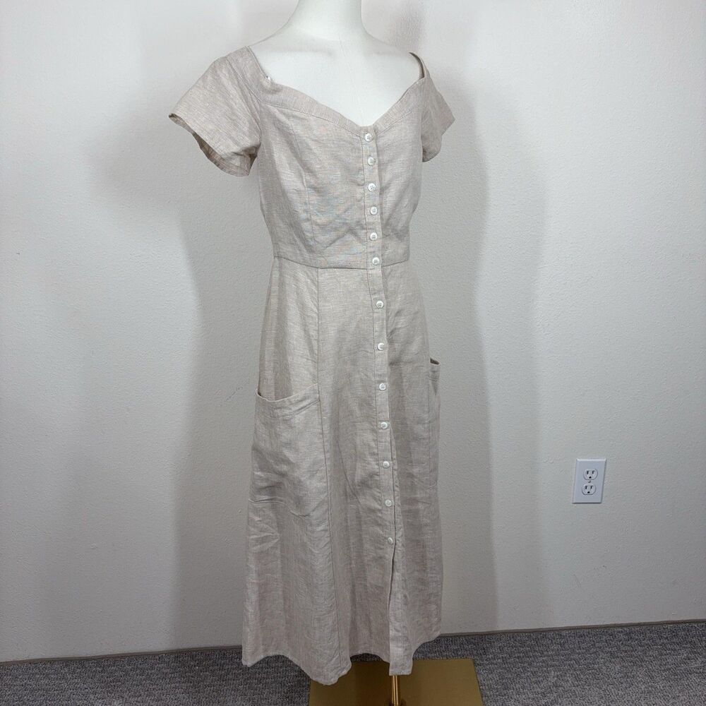 Wayf Dress Womens Small Beige Linen Blend Button Midi Pockets Boho Minimalist